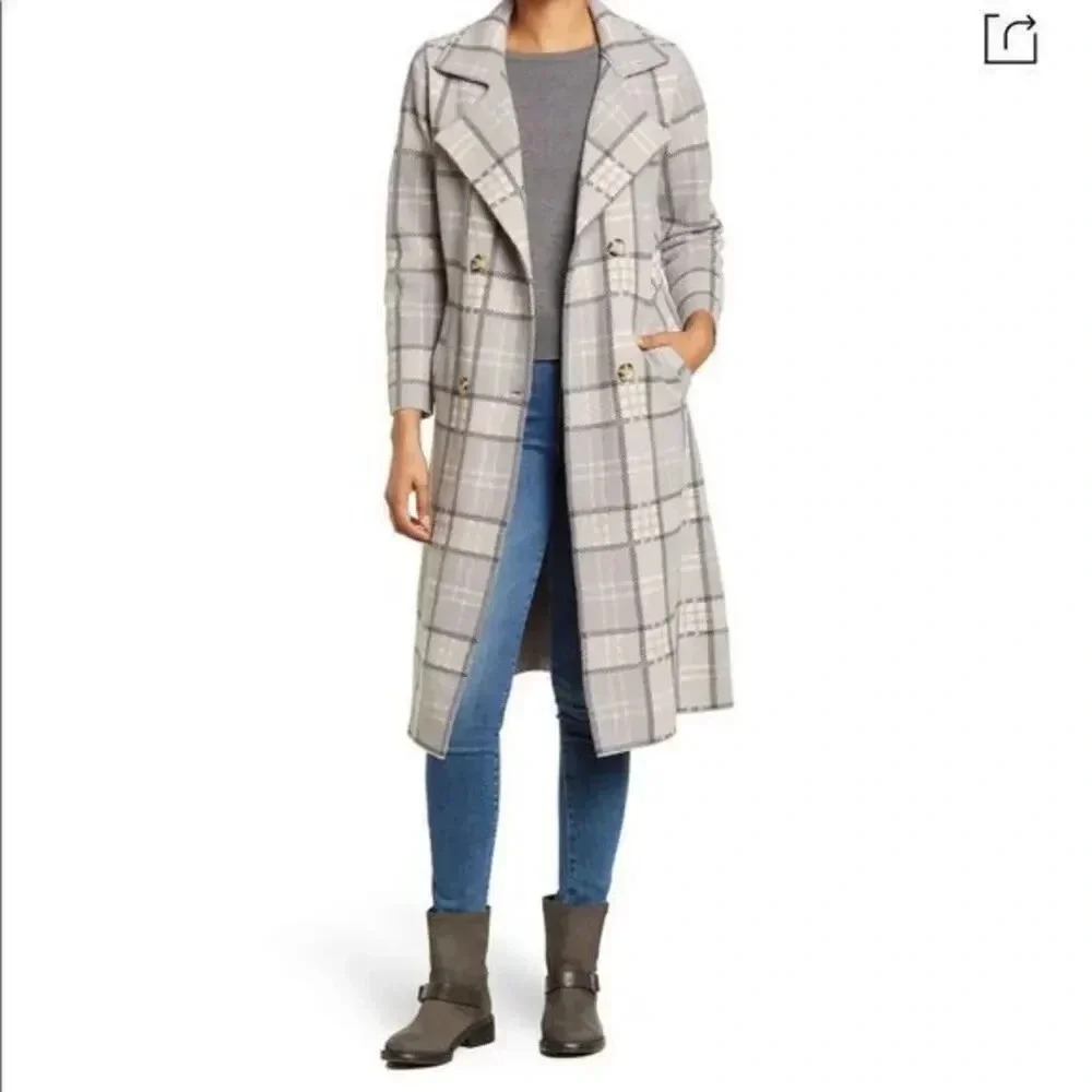 Cliché Double Breasted Coatigan In Grey Plaid